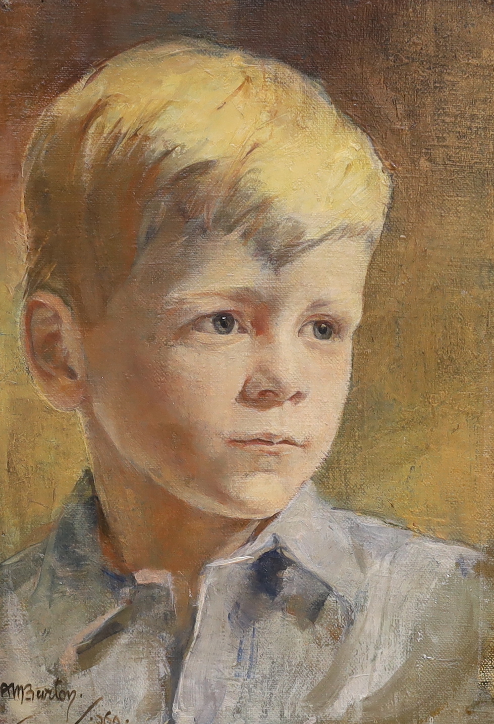 Alice M. Burton RBA (1892-1973), pair of oils on canvas, Portraits of a young boy and girl, each signed and dated 1960, together with a Royal Society of Portrait Painters booklet, 34 x 24cm